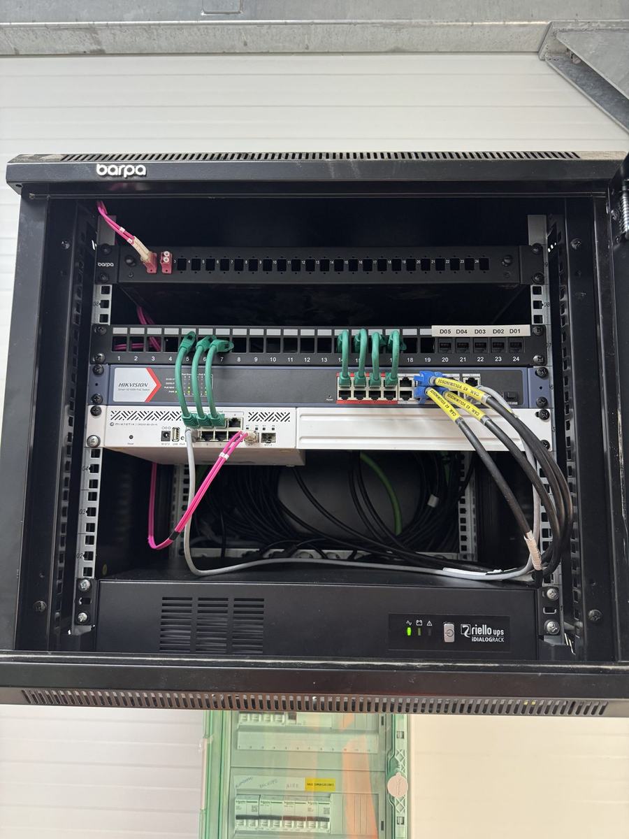 Rack mural con router MikroTik, patch panel etiquetado y SAI Riello