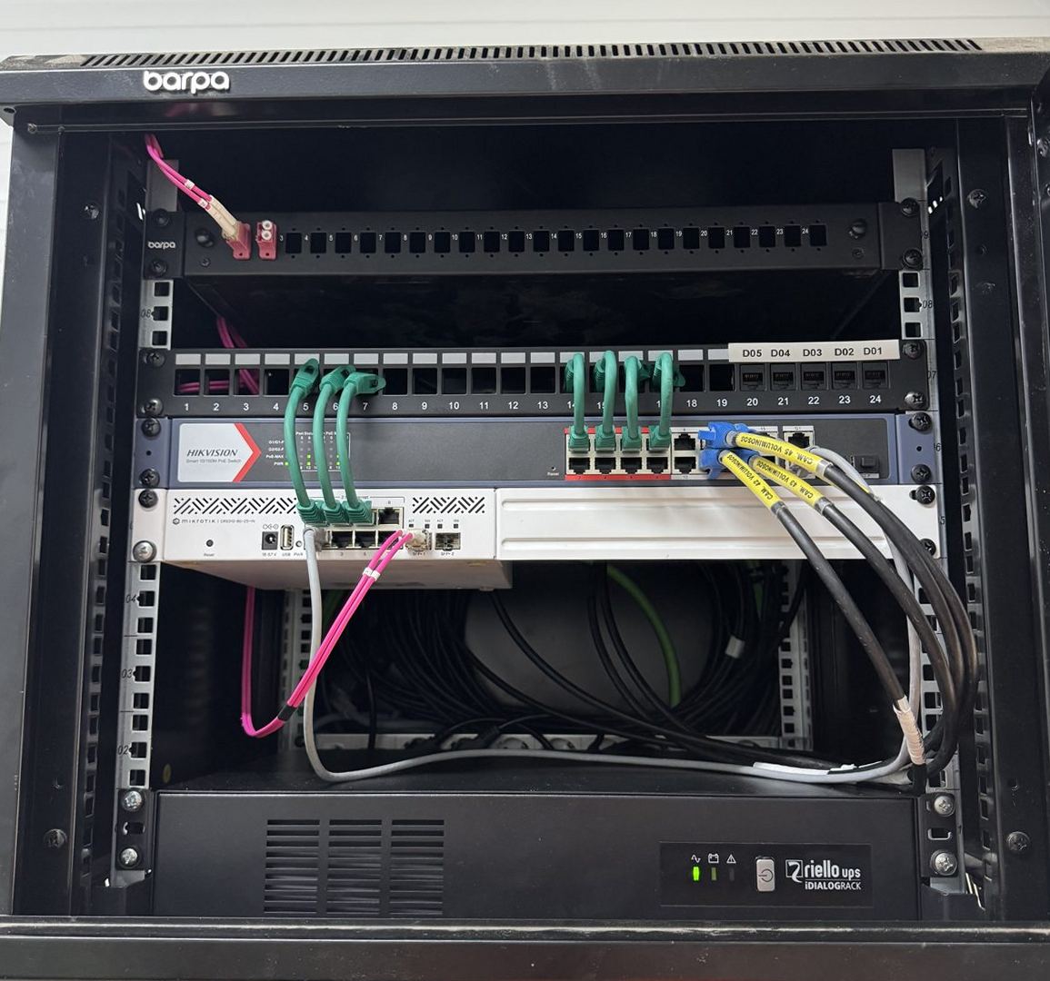 Rack mural con router MikroTik, patch panel etiquetado y SAI, en la zona de voluminosos de una planta de residuos