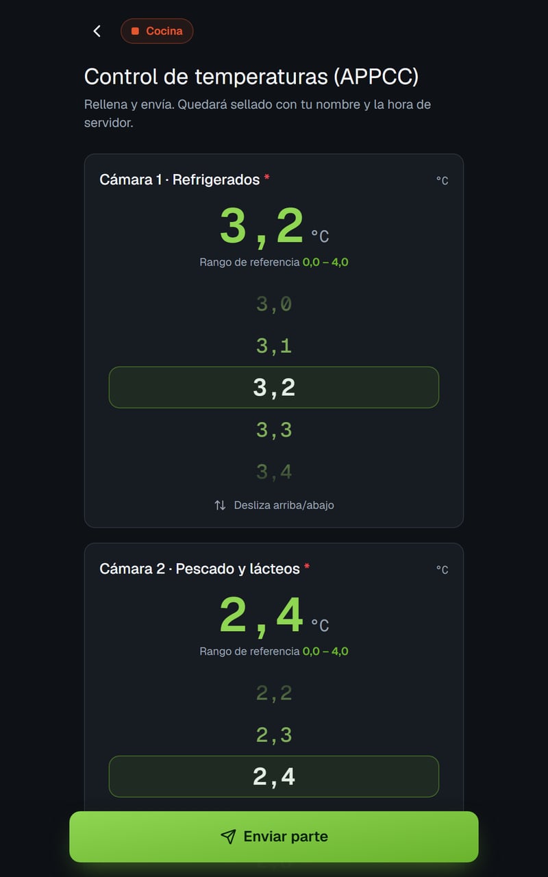 Control de temperaturas rellenándose en la tablet con ZEROLIO