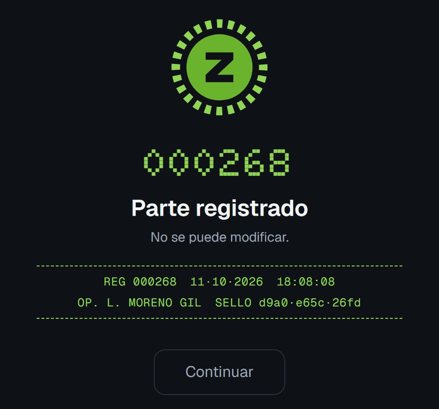 Precinto de ZEROLIO tras enviar un parte